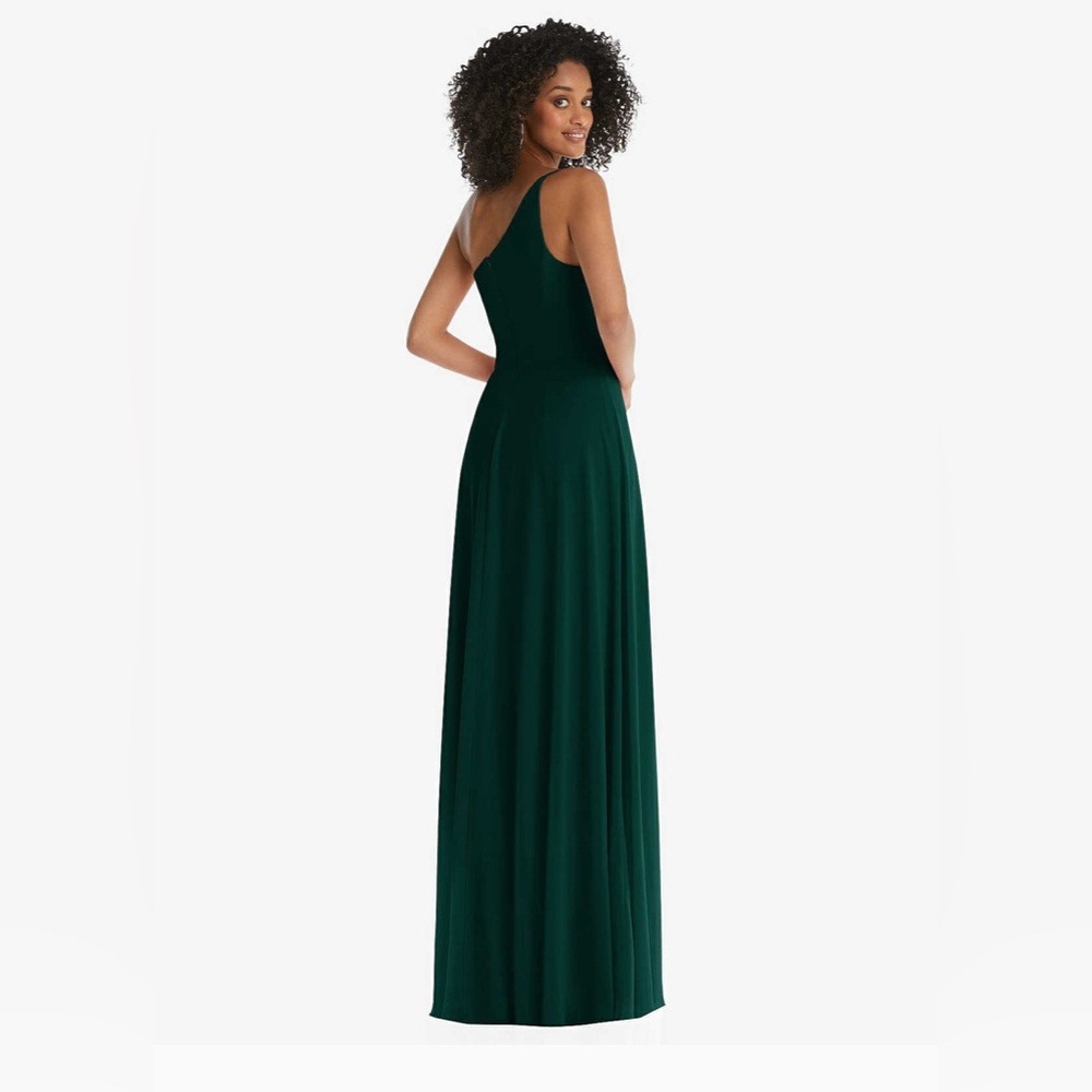 New After Six ONE SHOULDER CHIFFON MAXI DRESS SHIRRED FRONT SLIT IN EVERGREEN 0 - Picture 3 of 3